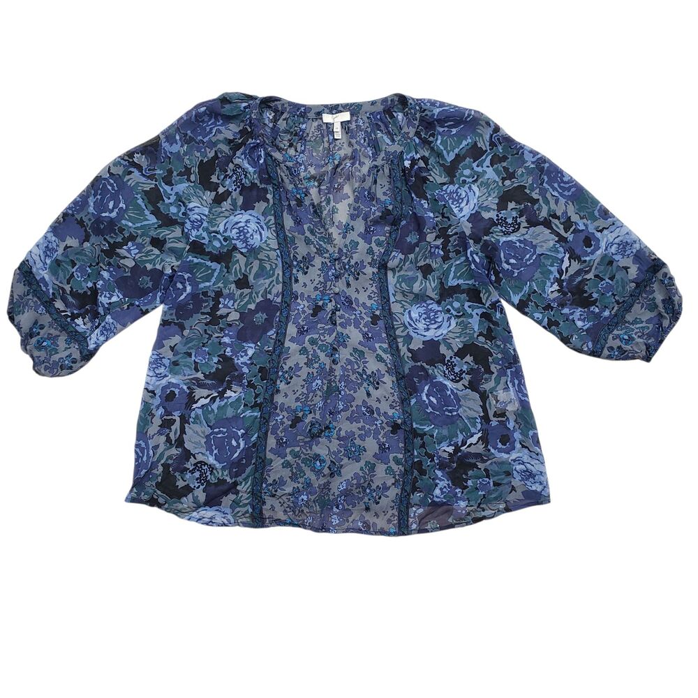 Joie Anthropologie Silk Top Womens M Floral Georgette Sheer V-Neck 3/4 Sleeve - Picture 2 of 10